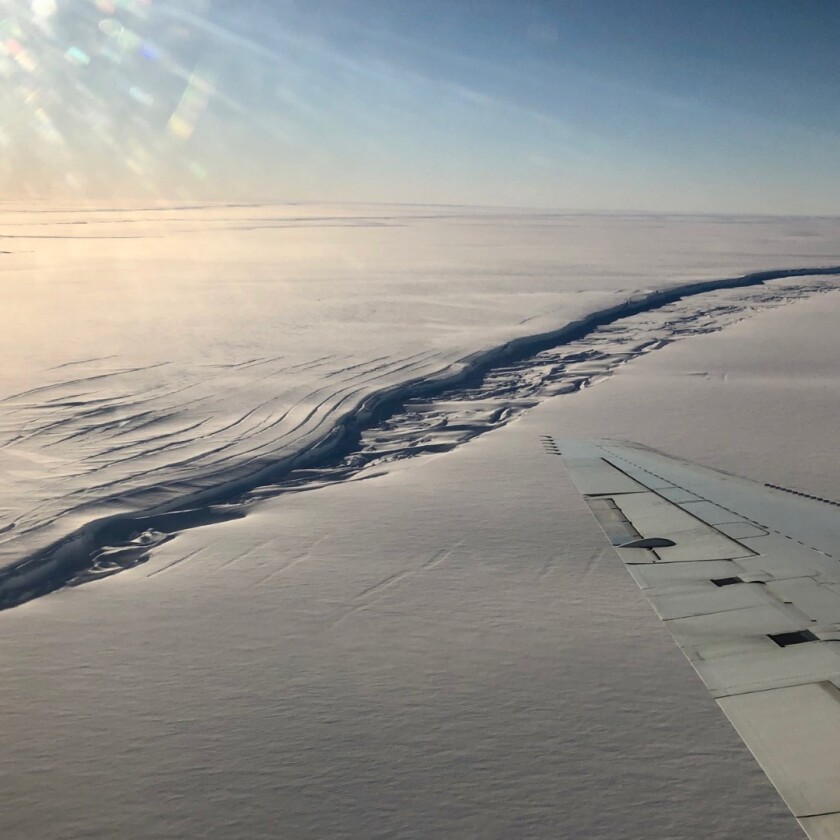A large rift bisecting part of the Stancomb-Willis Glacier Tongue, East Antarctica