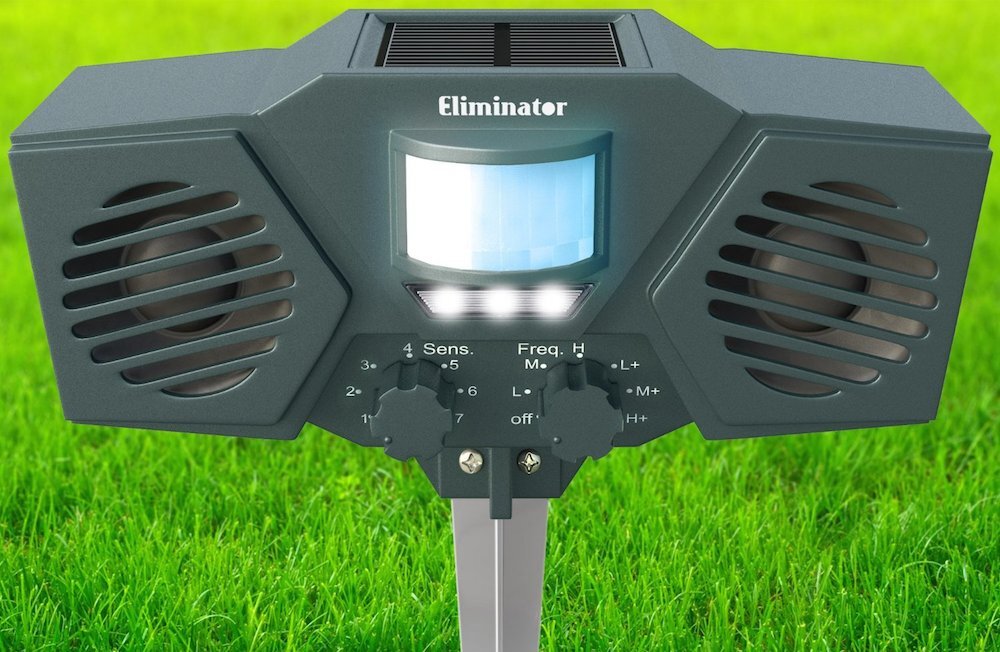 The Eliminator pest repeller uses ultrasonic waves and flashing LEDs to scare away cats, dogs, and other unwanted animal visitors to your yard