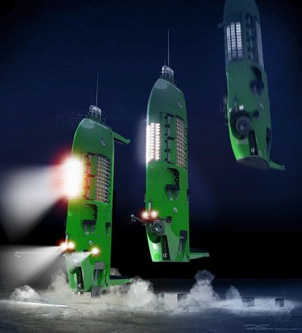Illustrated sequence showing DEEPSEA CHALLENGER electromagnetically casting off the steel plates that weigh it down(Photo: Acheron Project Pty. Ltd./National Geographic)