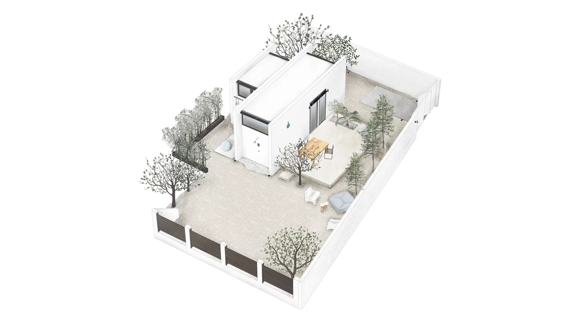 Monocabin can be adapted to come with a prefabricated swimming pool; terrace roller blinds and rooftop solar panels