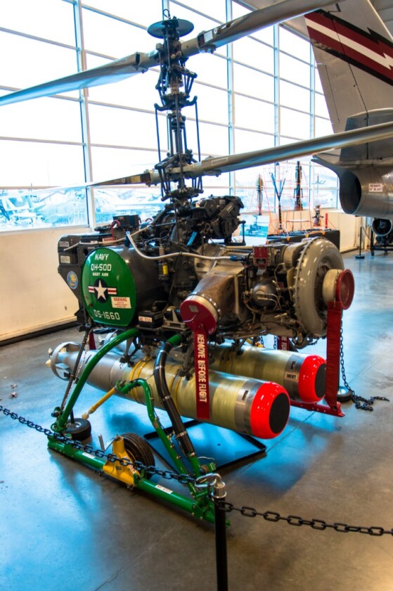 The Gyrodyne QH-50 DASH was an unmanned drone helicopter used as a long-range anti-submarine weapon, produced between 1963 and 1969. WW2-era destroyer ships were being fitted with long-range sonar systems, but without the space for a full flight deck, they weren't able to act on what they discovered until the DASH came along. This small coaxial copter was able to fly up to 22 miles (35 km) from the ship with torpedoes or nuclear depth charges aboard. It was flown by two people, one on the flight deck to handle take-off and landing, and one in the Combat Information Center who would then fly it to its target and fire on the enemy