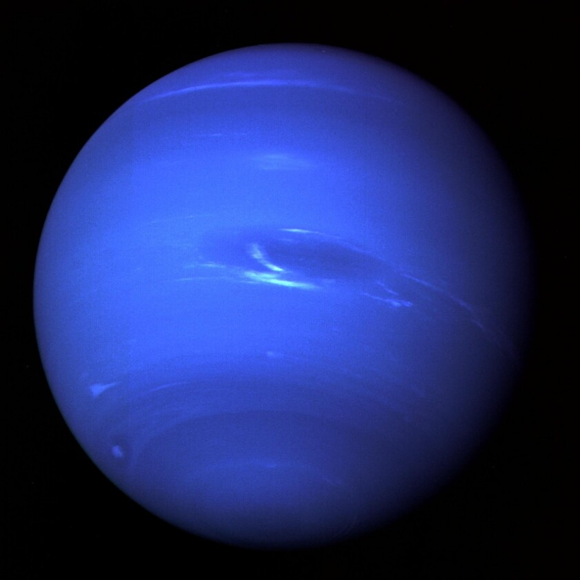 A composite image of Neptune taken by Voyager 2 in 1989, with the "Great Dark Spot" visible in the center
