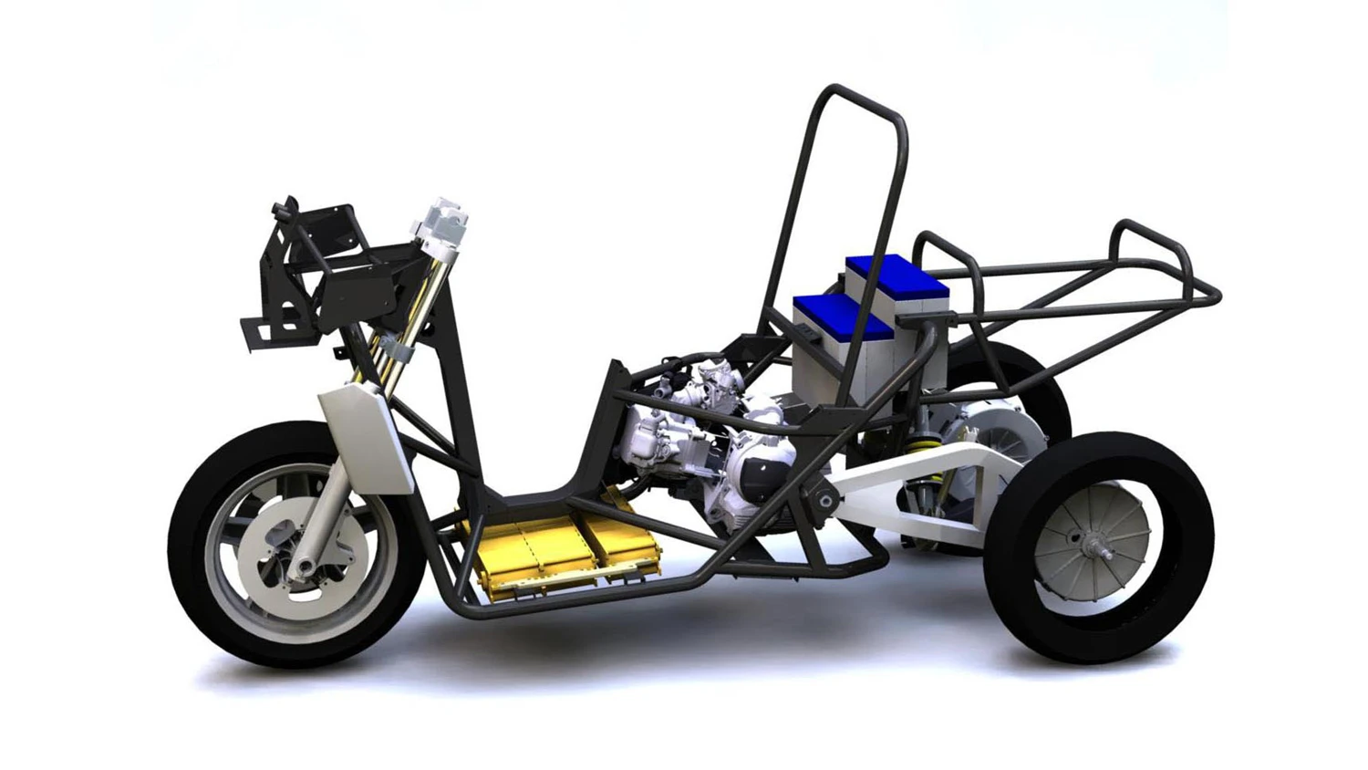 The frame and drive train layout of Siddam Xnovo's hybrid three wheeler