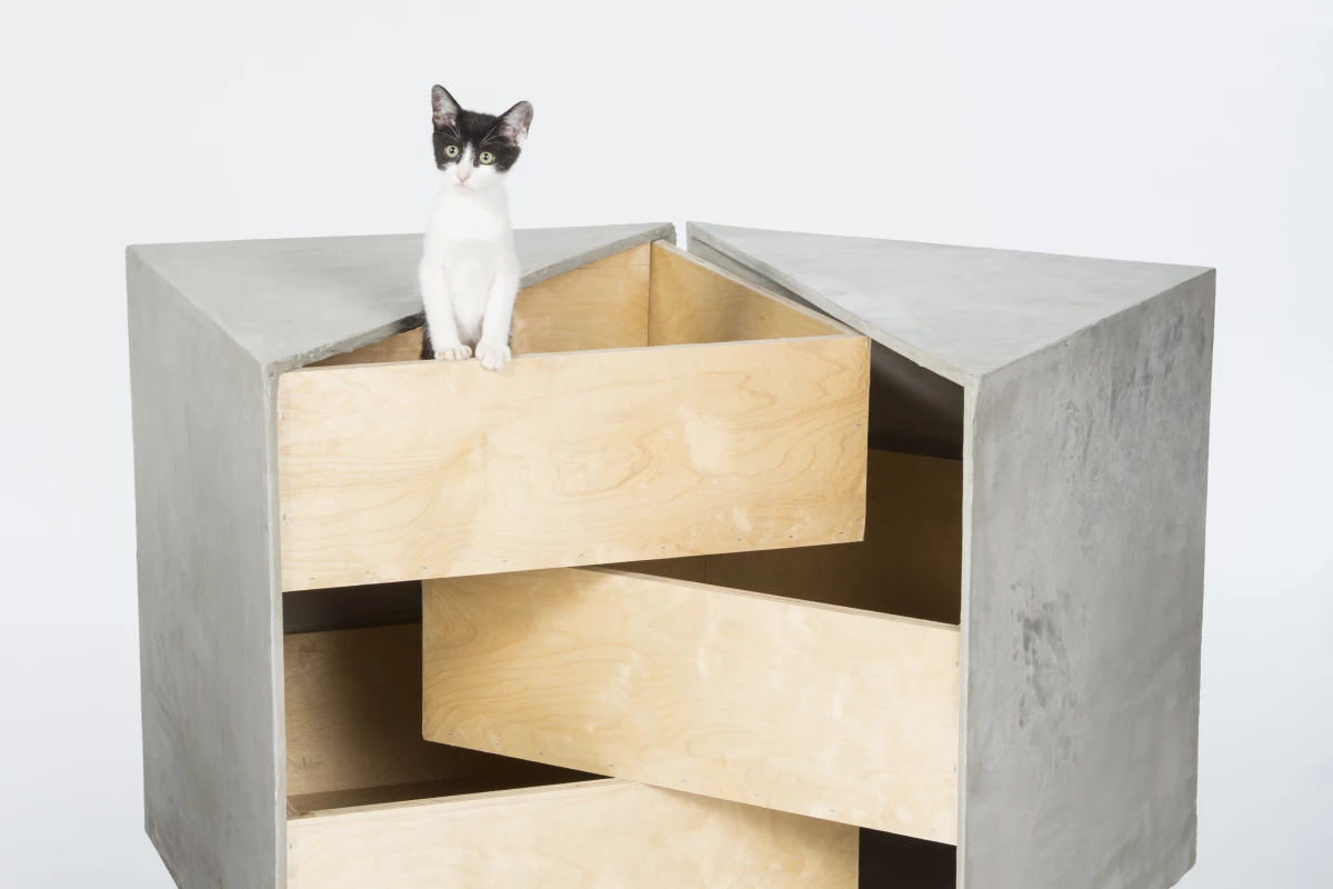 Sneaky Drawers, by rdc, is a shelter based on three intersecting drawers that provides a sanctuary for multiple cats