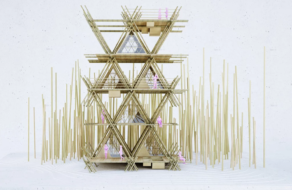 The treehouse comprises interconnecting grids measuring 4.7 x 4 m (15.4 x 13 ft) (Image: Penda)
