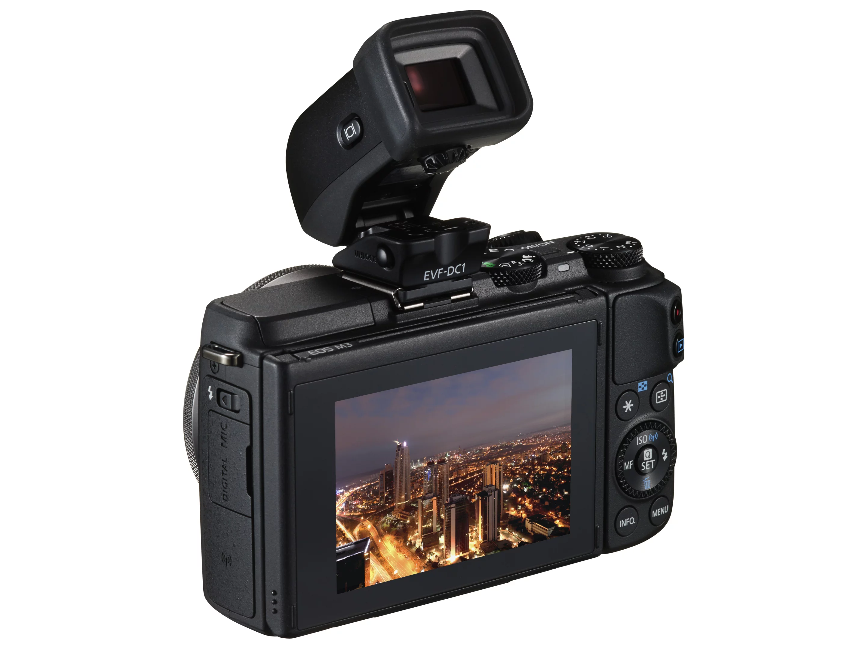 The Canon EOS M3 is compatible with the optional EVF-DC1 electronic viewfinder which has 2,360k dots