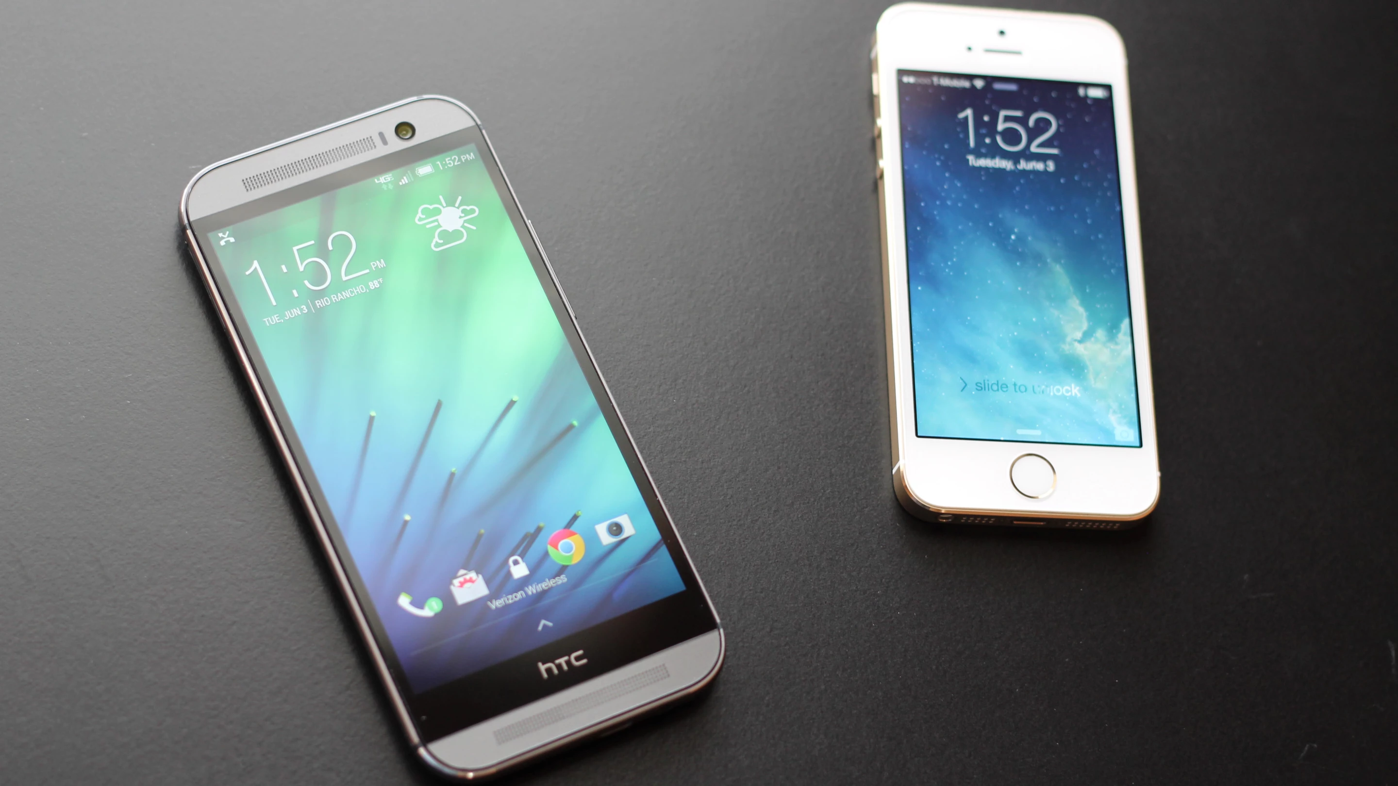 The One M8 runs Android 4.4 KitKat, with HTC Sense 6 pasted on top, while the iPhone runs iOS 7
