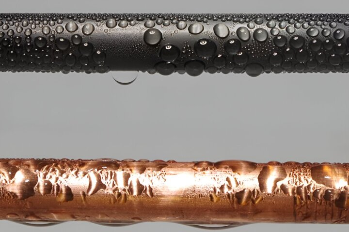 Top: A condenser pipe coated in F-DLC, which allows the water to bead and run off more efficiently. Bottom: A traditional copper condenser pipe, where water forms a thin film across its surface.