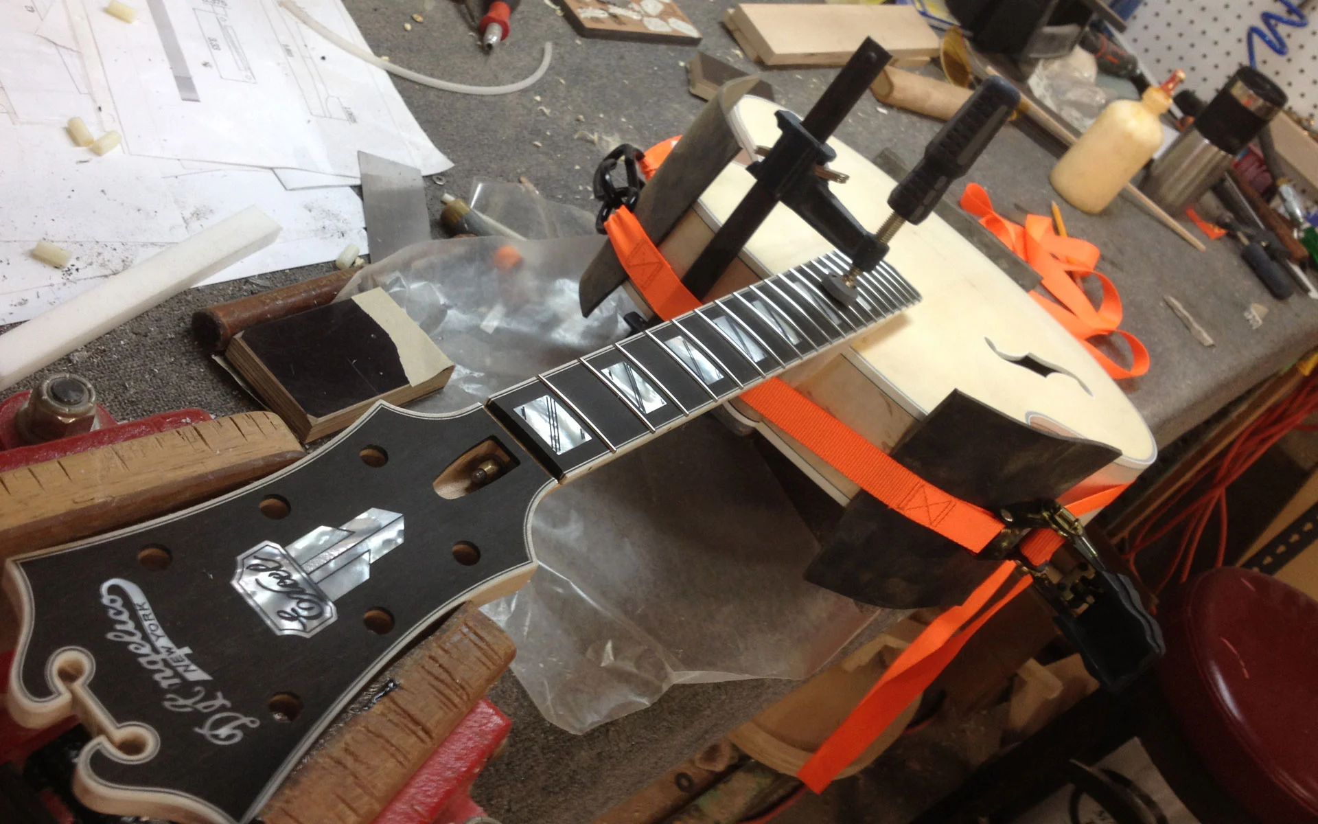 The USA Masterbuilt Excel being built by luthier Gene Baker and his team