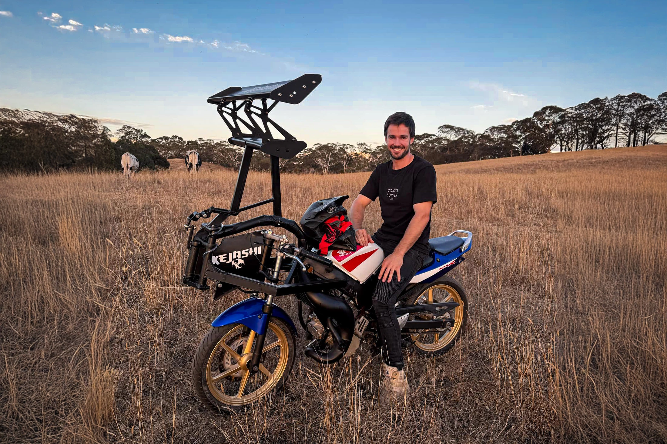 Kejashi inventor Kent James Shillitoe astride his remarkable creation