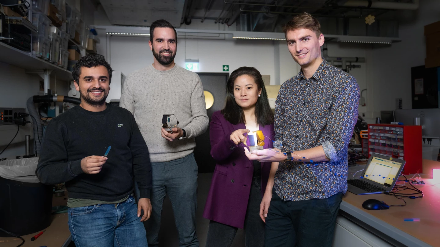 From left, team members Neil Chennoufi, Fabio Zuliani, Jamie Paik and Robert Baines