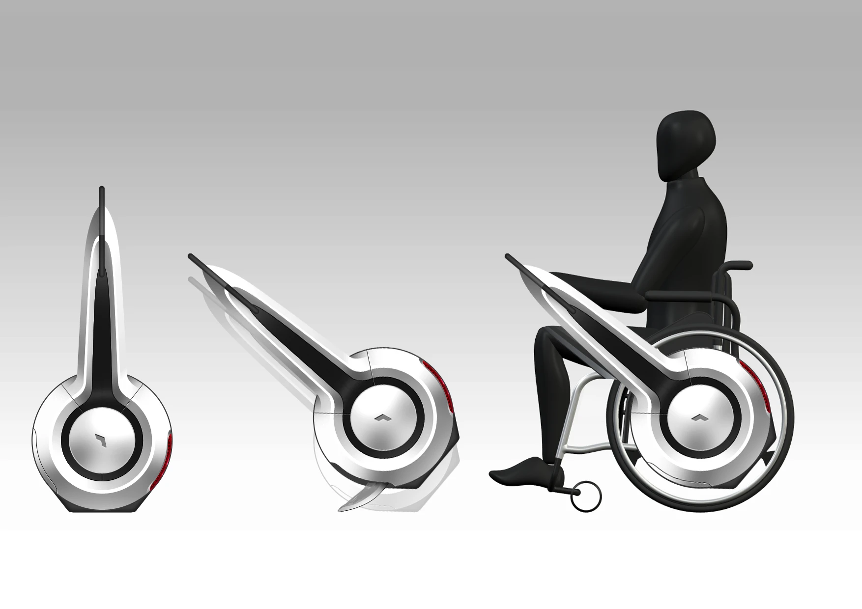 The WHILL is a device that clamps onto a manual wheelchair to provide it with electric drive