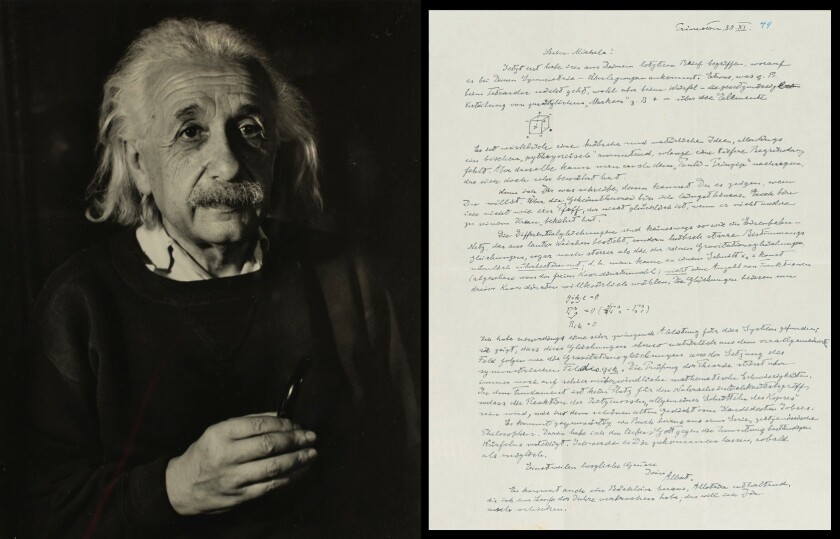 Dated October 30, 1949, this letter contains reference to one of Einstein's most famous quotations. He writes of a recently published book about him (Albert Einstein: Philosopher-Scientist, ed. P.A. Schilpp, 1949) and reflects, "Darin habe ich den lieben Gott gegen die Zumutung beständigen Würfelns verteidigt" (In it I have defended the good Lord against the insinuation that he plays a continual game of dice). Einstein's dice quote has been one of continual fascination to scientists ever since, with some of mankind's finest, such as Stephen Hawking, weighing in on the topic. The letter sold for $137,500 at Christies on July 13, 2017