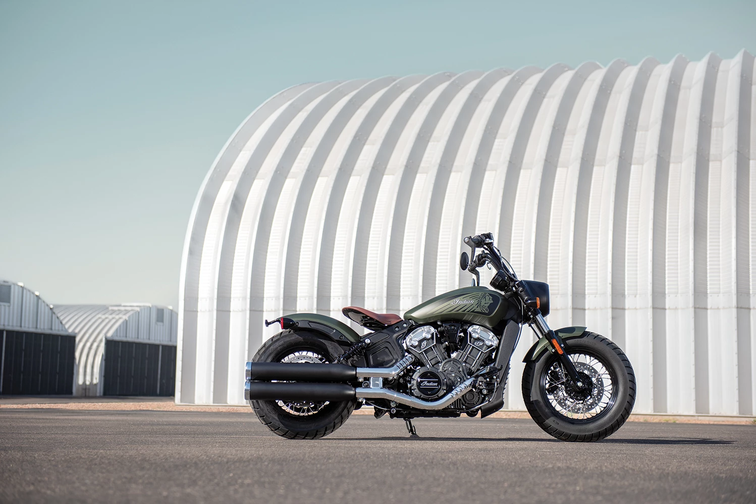 The Scout Bobber Twenty features chopped fenders and high-rise ape hangers