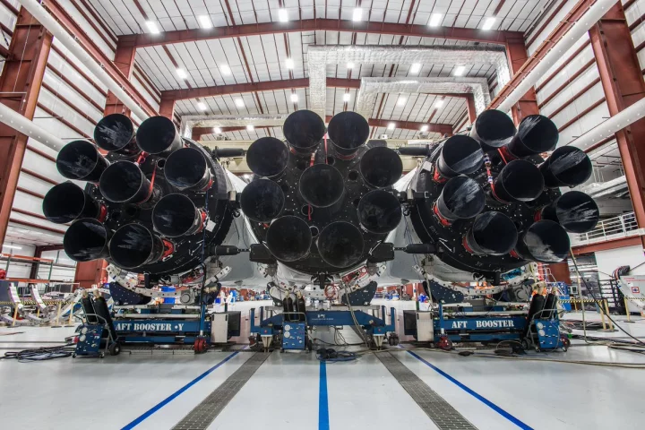 SpaceX's Falcon Heavy rocket in the hangar at Cape Canaveral