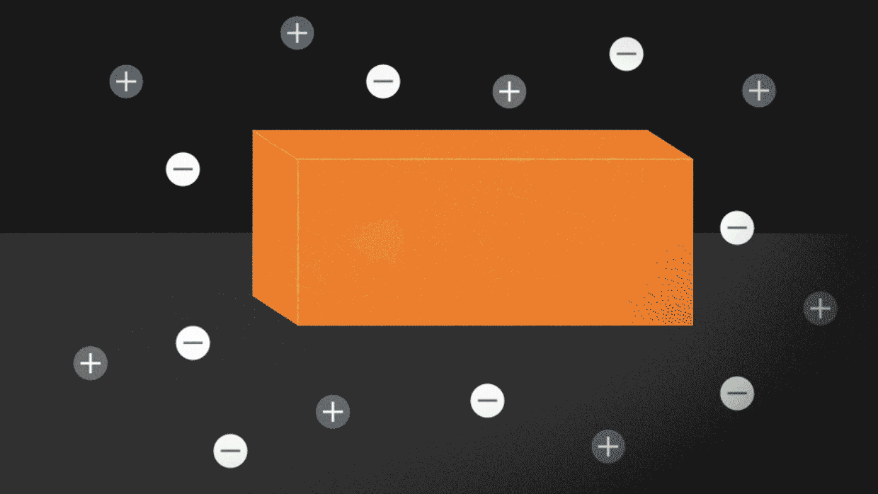 animation description "Ionic calorie cooling." When ions are added to a phase change material, it melts and absorbs heat, but when the ions are removed, it crystallizes into a solid and releases the stored heat.