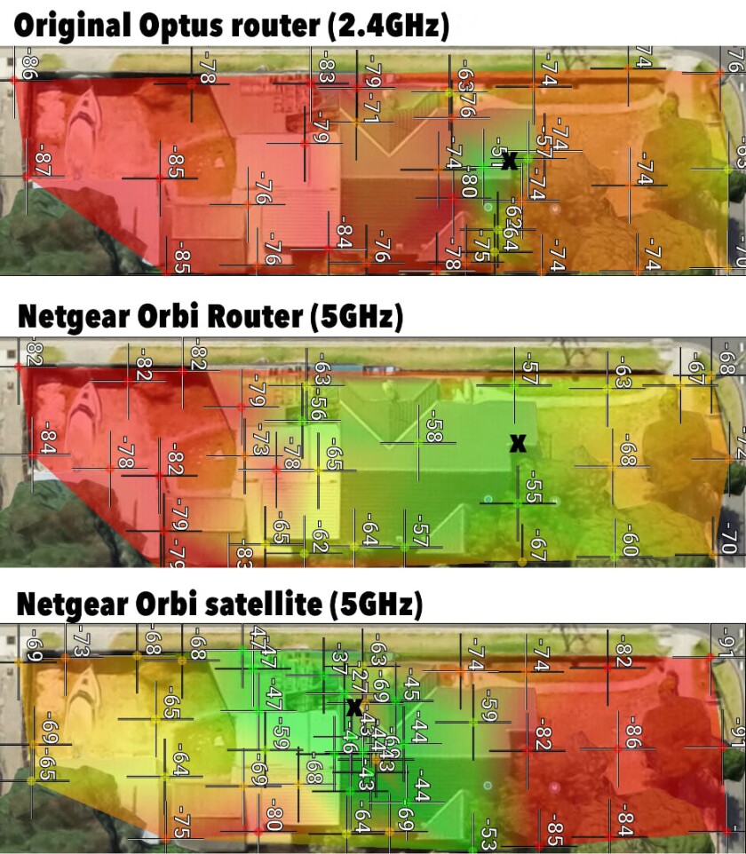 Top: 2.4 GHz coverage map of the standard router bundled with my Internet connection. Middle: 5 GHz coverage heat map of just the Orbi router. Bottom: 5 GHz coverage heap map of just the Orbi satellite. Combine the bottom two images and there's green all over the house.