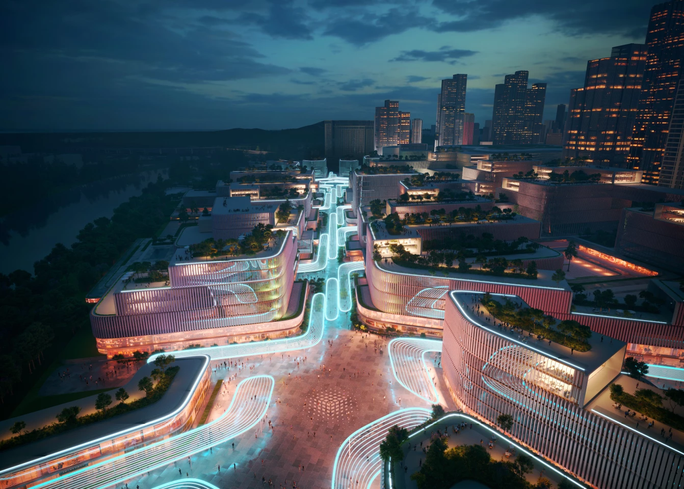 The Huanggang Port Area masterplan will include a series of greenery topped buildings which will be accessible using raised walkways