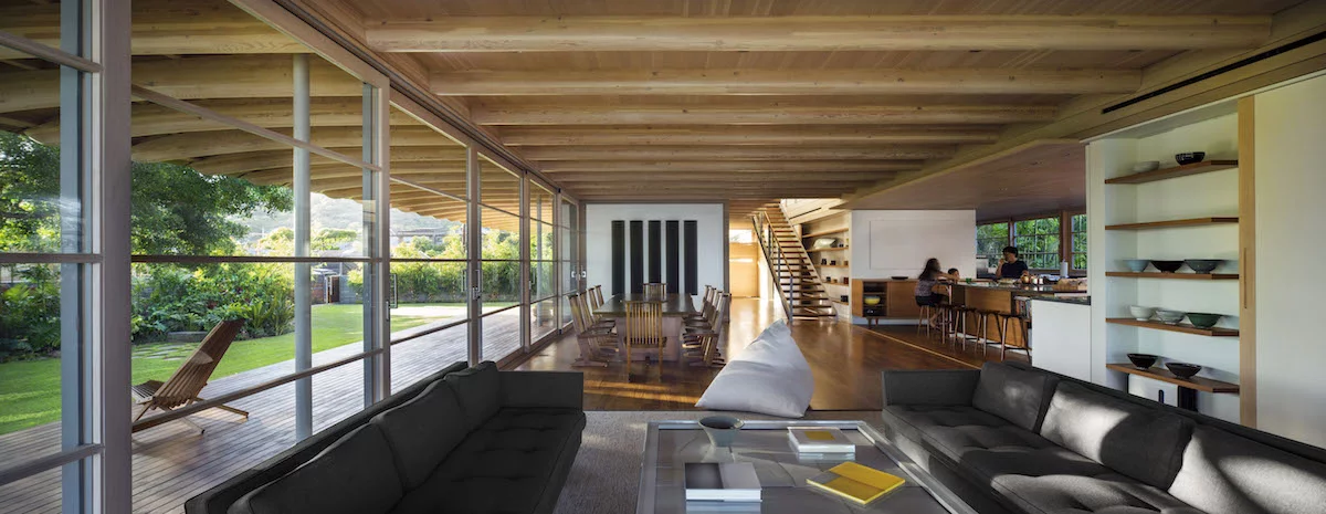 Honolulu's Island Residence was also designed by Bohlin Cywinski Jackson and is dominated by deep roof eaves which extend outward, providing shelter and prolonging the lifespan of the materials underneath