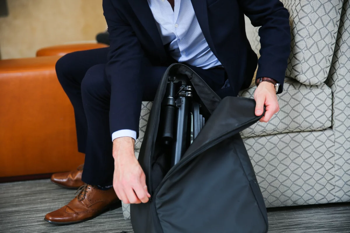 The MiniFalcon folds down for transport in its own backpack