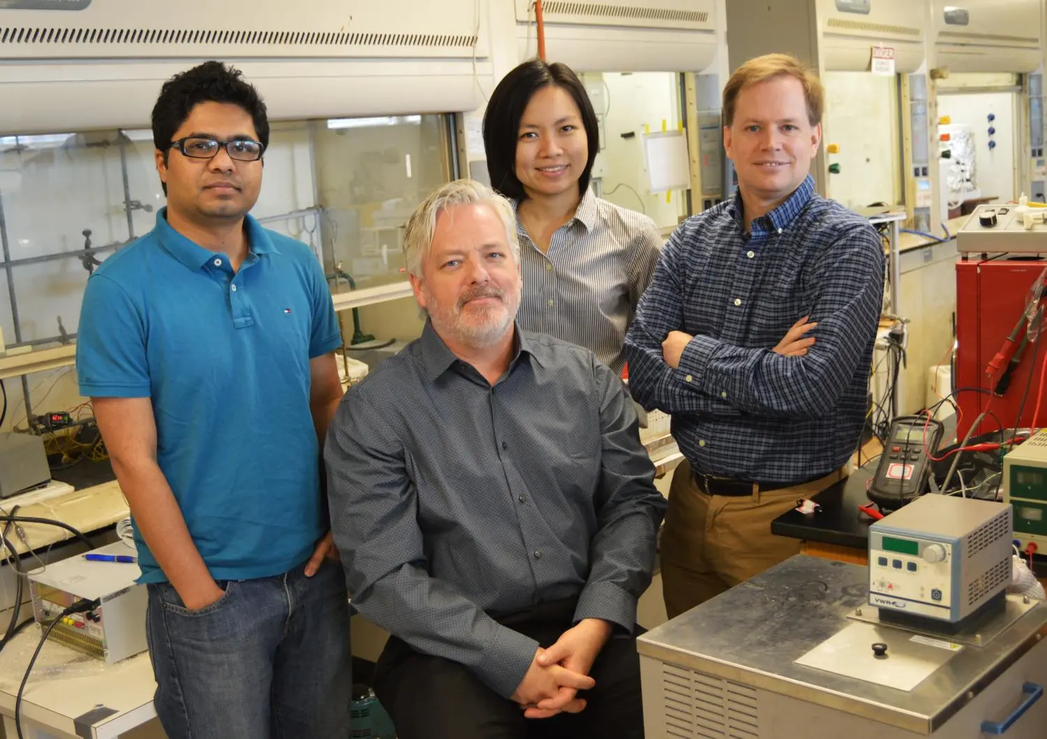 UTA researchers (L to R), Mohammad Fakrul Islam, Frederick MacDonnell, Wilaiwan Chanmanee and Brian Dennis, whose research is a first in producing usable liquid hydrocarbon fuel from sunlight, water and CO2