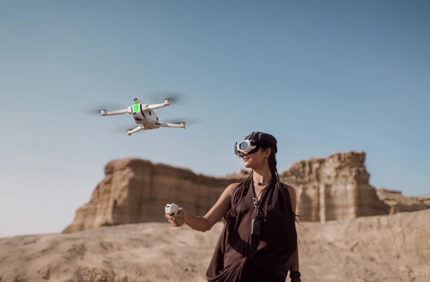 The Antigravity A1 setup includes the 249-g 360-degree cameradrone, a point-to-fly grip controller and a pair of FPV goggles with funky front viewing screen
