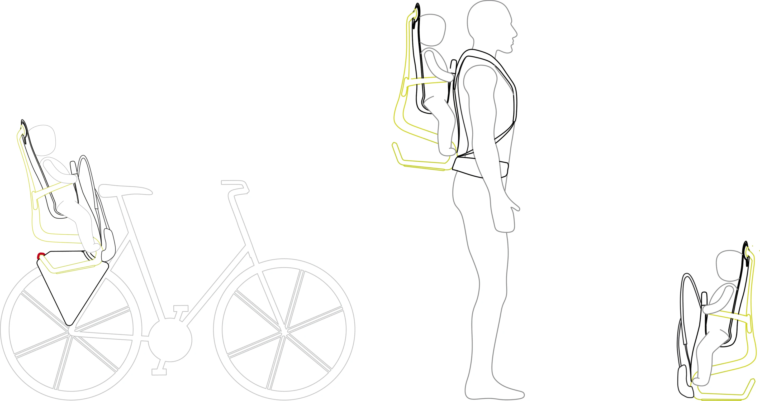 The carrier offers a bi-functional solution for parents who live in an urban environment and seek a practical, safe and ergonomic solution for traveling on foot and by bike