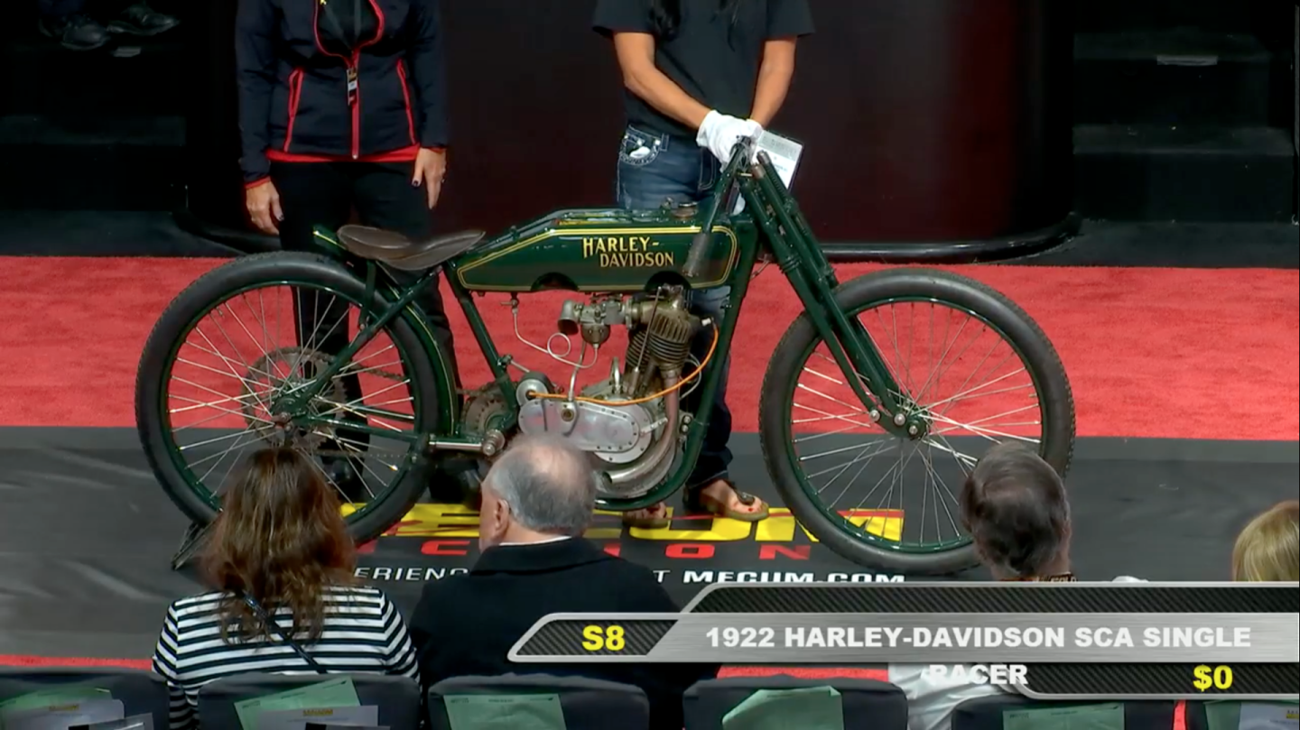 Harley-Davidson began making this model when the larger 1000cc v-twin models were banned from board track racing in the 1920s when the officials began taking measures to curb the speeds and the death toll. Only a small number of these rare racers were built before board track racing finished altogether, but this 1922 SCA Single is the very first specimen ever produced, wearing engine number #1. Sold for $41,250 against an estimate of $40,000 to $50,000. Official Auction Description