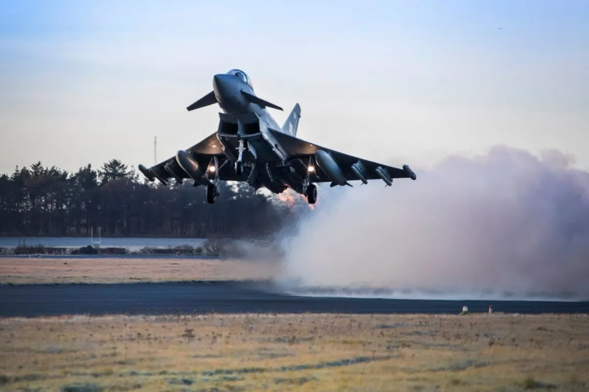 An RAF Typhoon equipped with Meteor missiles takes off from RAF Lossiemout