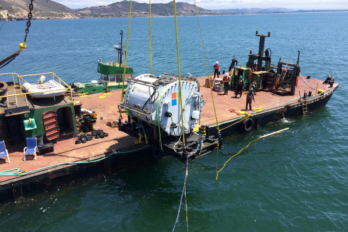 The Project Natick vessel – named Leona Philpot, after a character in the game Halo – is lowered into the Pacific