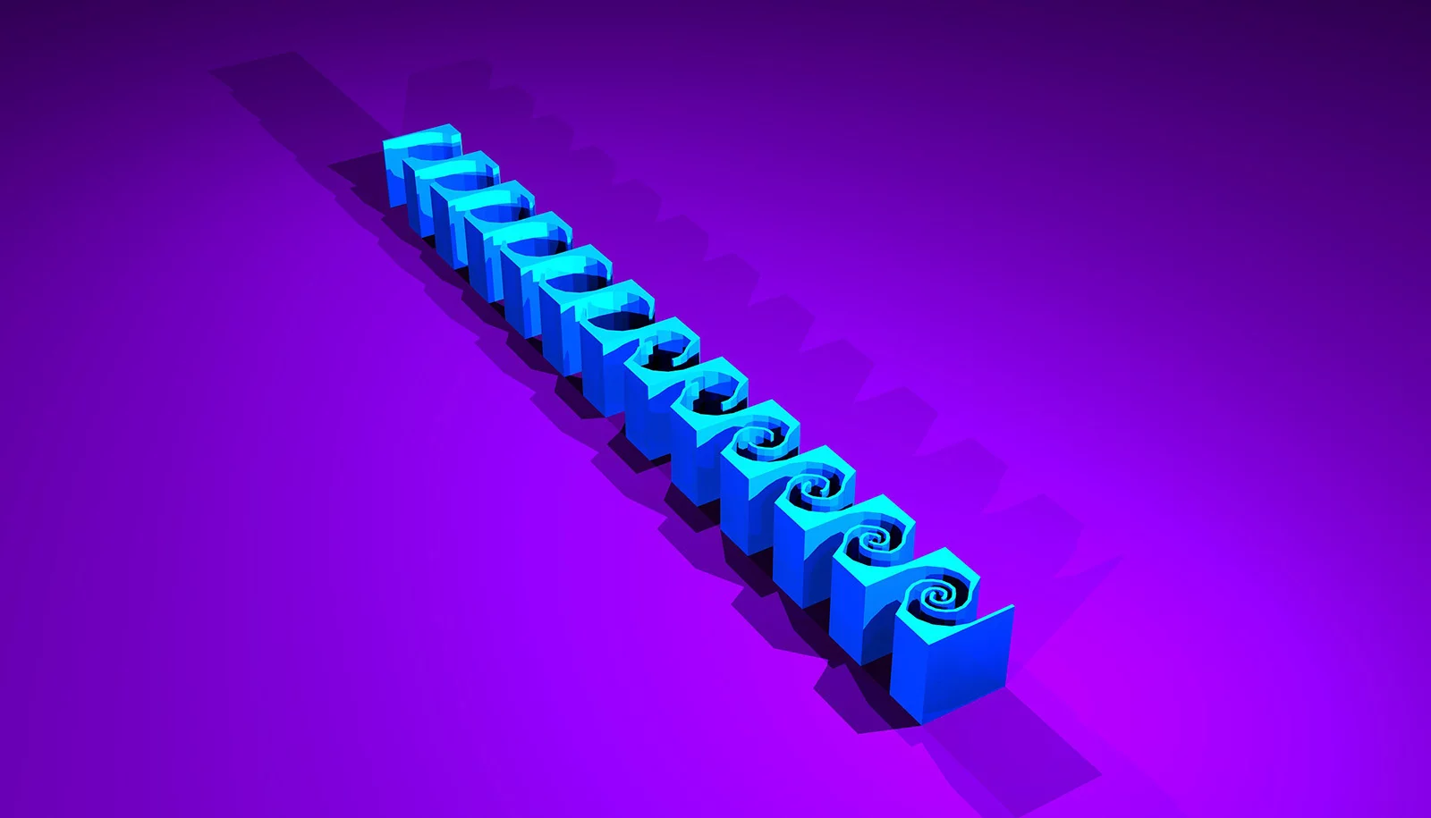 A computer rendering if the 12 different kinds of spirals contained in the metamaterial blocks that together create 3D acoustic holograms. Each of the spirals slows sound waves by a specific amount, so organizing them in a group can bend the shape of in incoming wave of sound.