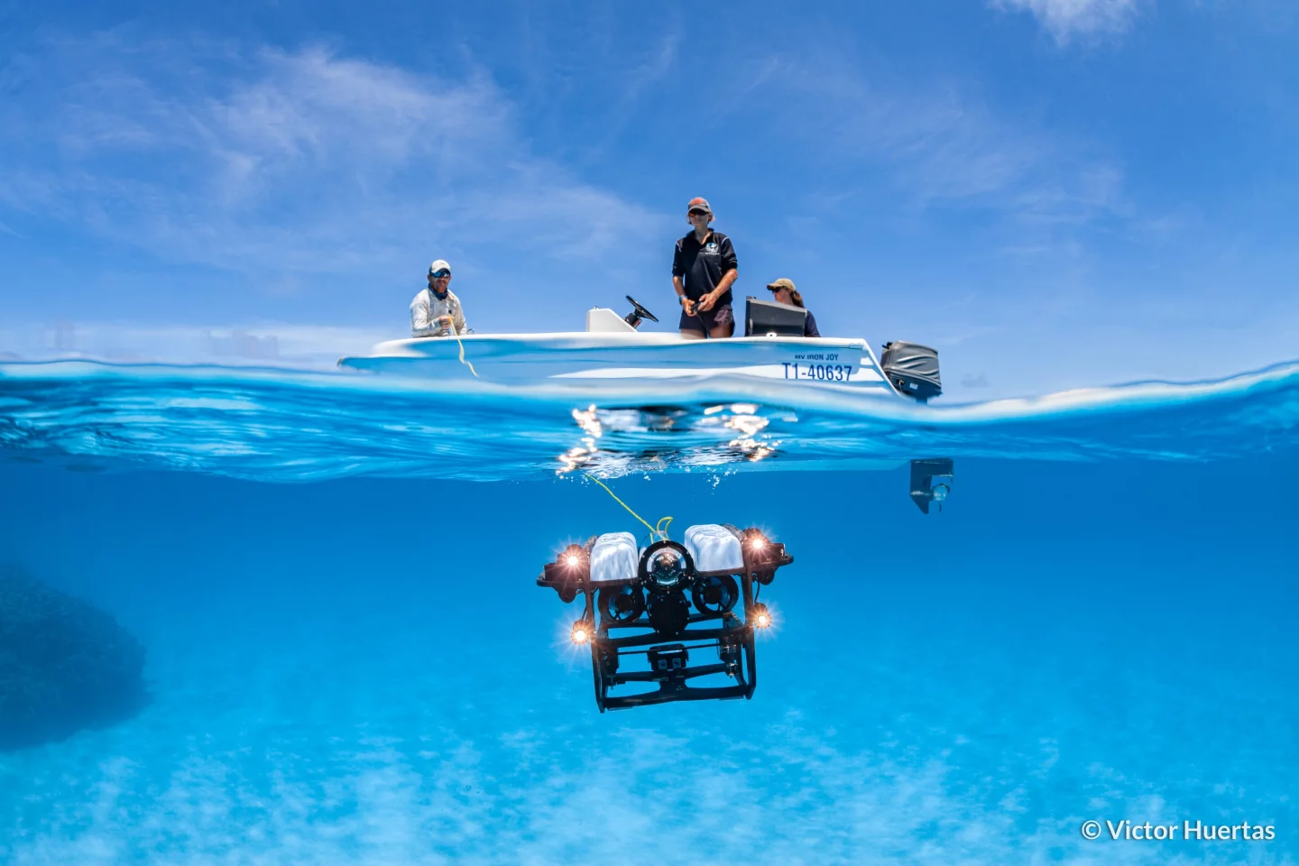 Exploring the deep: Researchers from the Hoey Reef Ecology Lab deploy an underwater ROV at Diamond Reef within the Coral Sea Marine Park, AustraliaVictor
