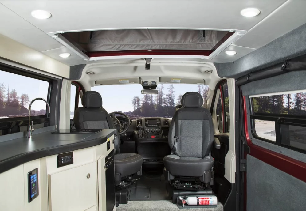 A look up toward the Tofino camper van's swivel front seats
