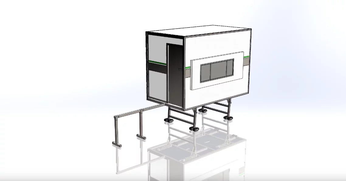 ioCamper folds up into a box precisely fit to L1 H2 vans – that rear beam is the support beam onto which the rear compartment slides