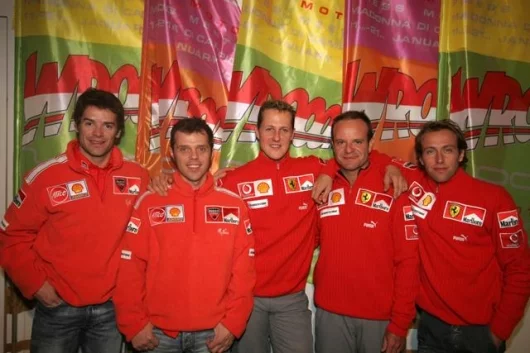 Ducati MotoGP Team riders Loris Capirossi and Carlos Checa and Scuderia Ferrari team drivers Michael Schumacher, Rubens Barrichello and Luca Badoer meet up at Madonna di Campiglio, during the ‘Wroom’ F1 and MotoGP press meeting.