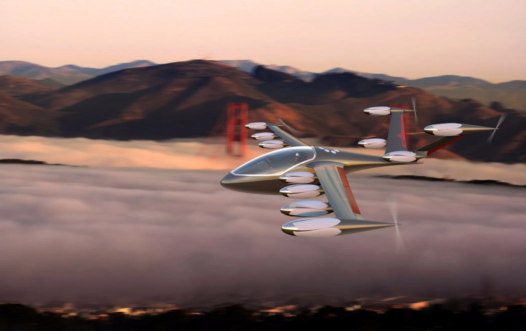 In cruise configuration, the Joby S2 VTOL tilt-rotor aircraft's 12 tilting VTOL propellers fold away into aerodynamic bullet shapes