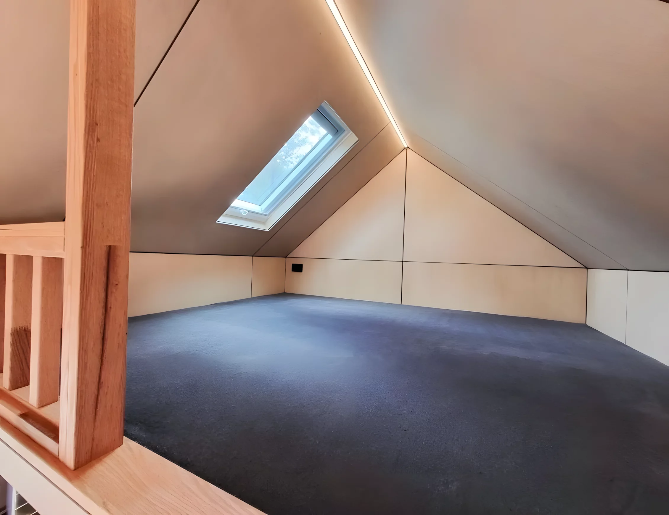 The Gunyah Modern's bedroom is a typical loft model with a low ceiling