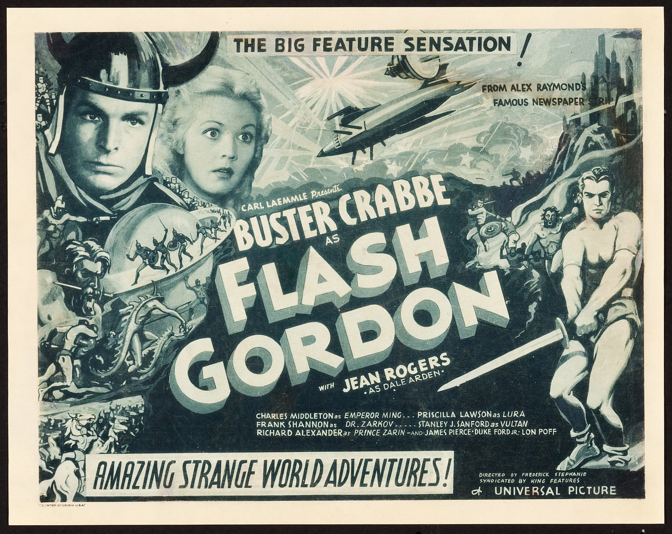 Flash Gordon was featured in three serial films: Flash Gordon (1936), Flash Gordon's Trip to Mars (1938), and Flash Gordon Conquers the Universe (1940). These movie serials were popular during the first half of the 20th century, consisting of a series of weekly episodes exhibited in consecutive order at theaters during the “shorts.” Each episode ended in a “cliffhanger” which helped to entice the audience back to the movie theater the following week for the next feature film, making the extremely popular Flash Gordon important to generating box office in movie theaters as audiences followed his adventures over months. Lobby cards such as this were important in promoting the next episode of the serial and are now highly sought after by collectors