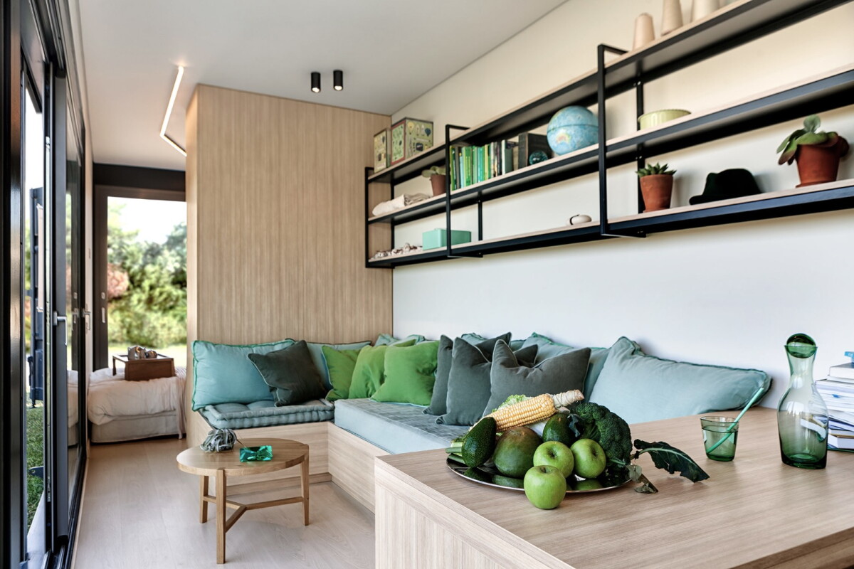 Stylish shipping container house is topped by a green roof