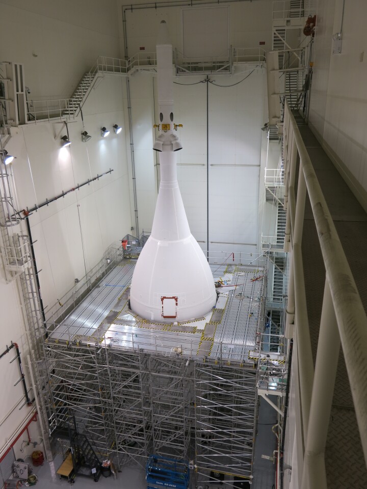 The 72-ft tall Orion spacecraft is now waiting inside the Launch Abort System Facility (LASF) at the Kennedy Space Center at Cape Canaveral