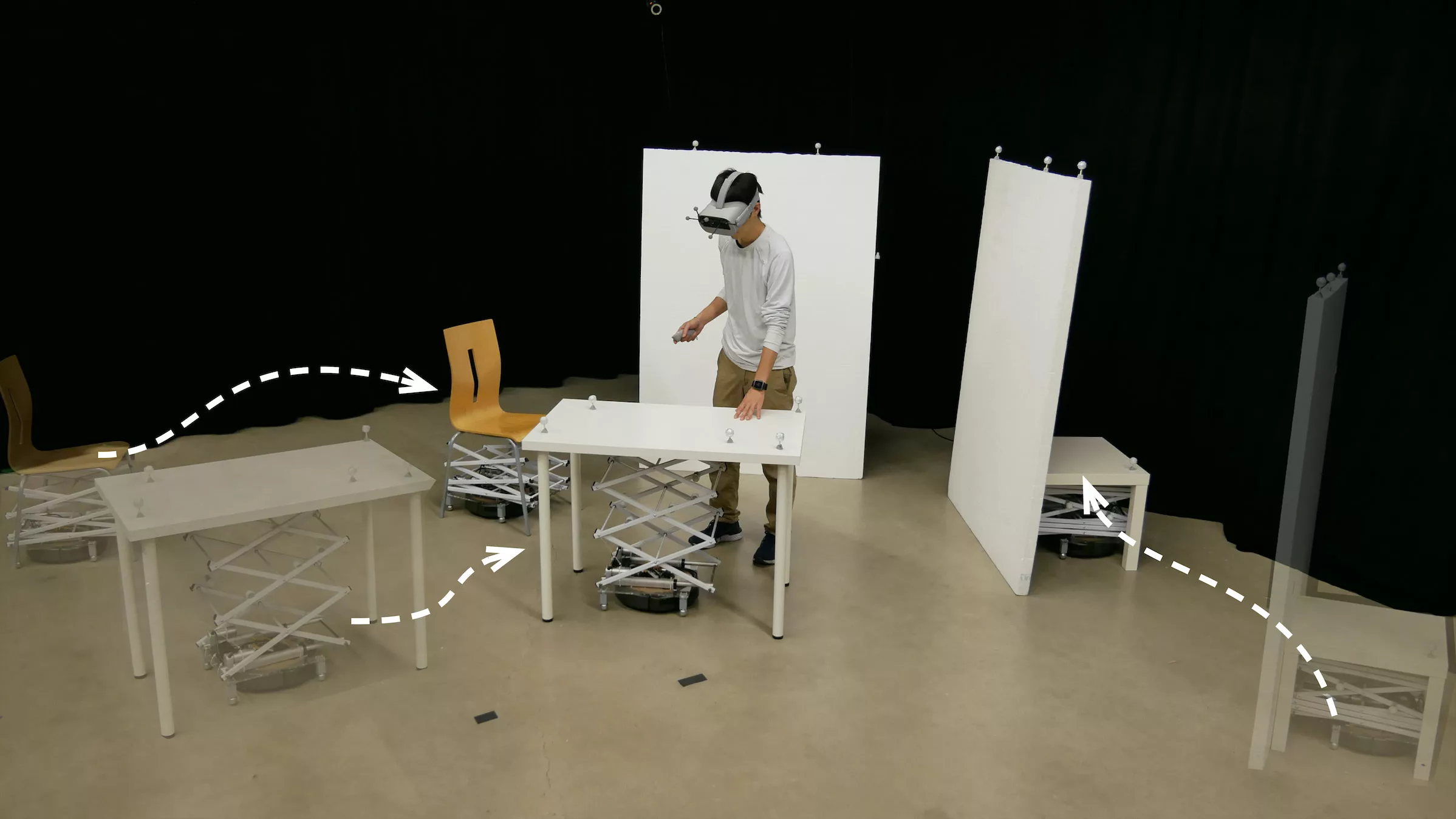 RoomShift is a VR system that uses robots to move furniture around a user to match the changing virtual environment