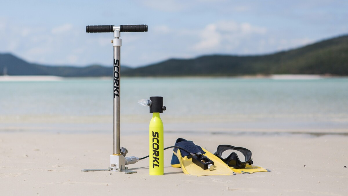 The Scorkl is a lightweight compact breathing device that enables you to breathe underwater for up to 10 minutes. If you don't have a compressor to recharge the $200 Scorkl, there's a $200 high pressure pump so you can fill it yourself.