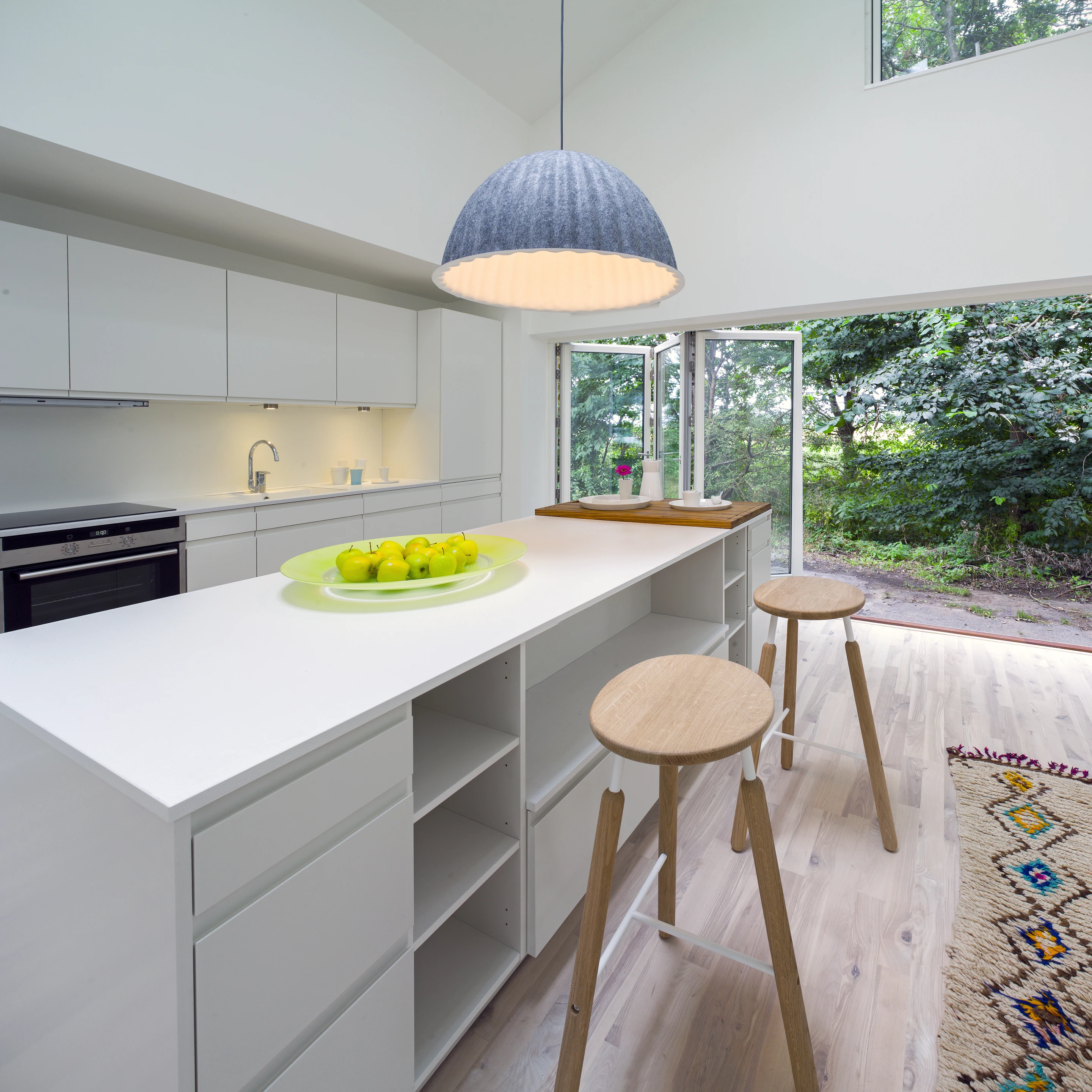 The kitchen is built into the walls