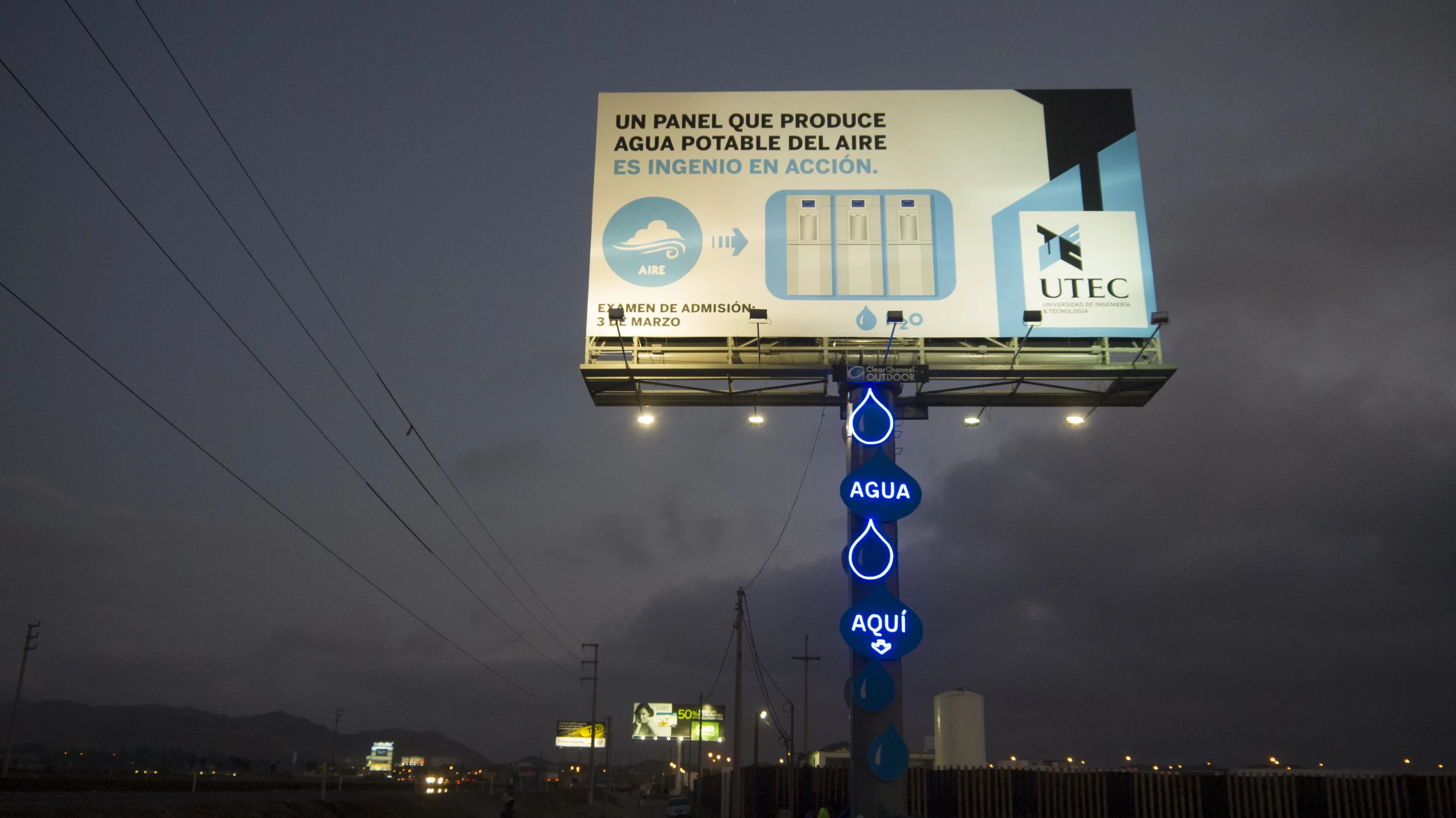 Day or night, the billboard's electric systems harvest humid air to produce filtered drinking water