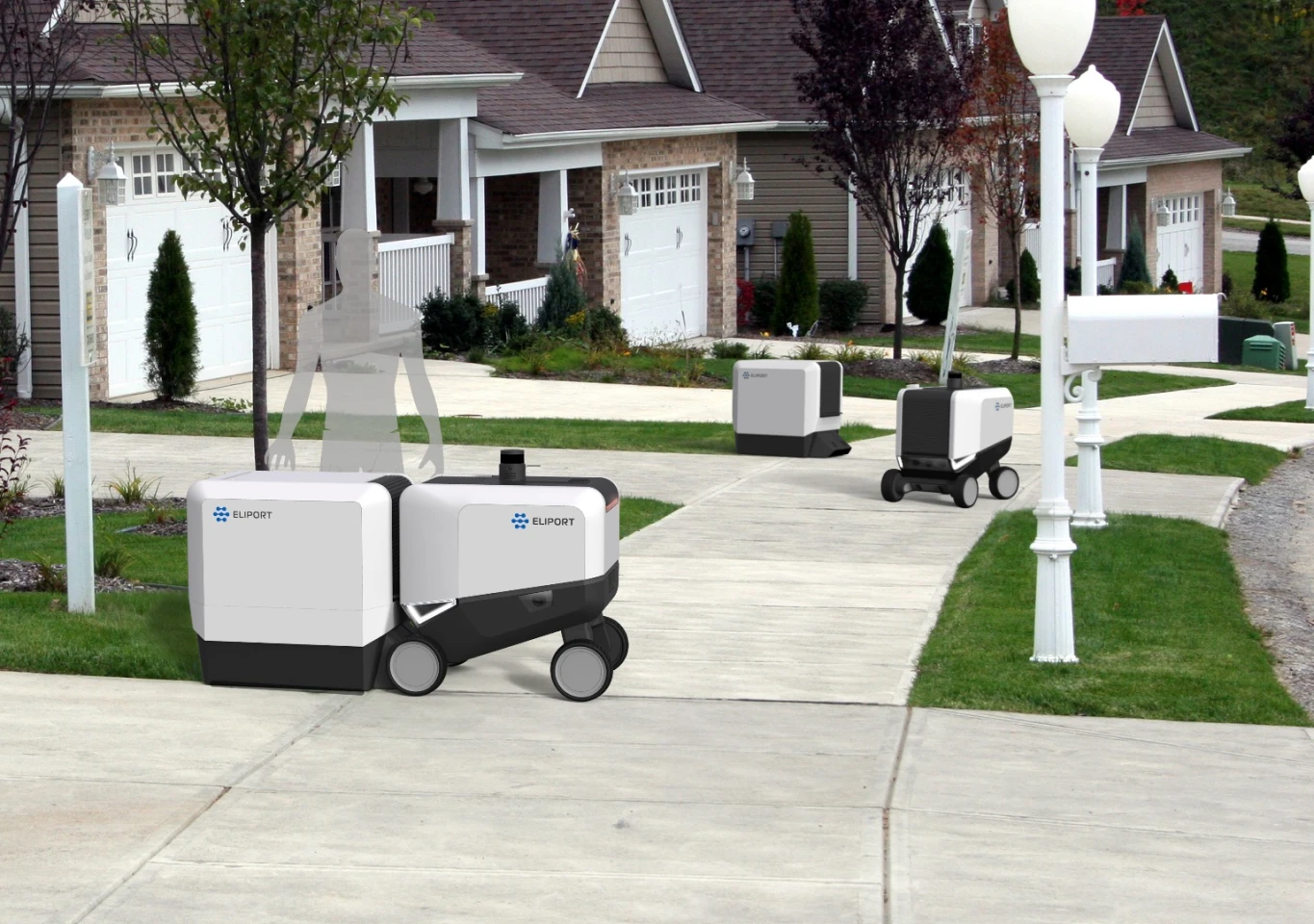 Once they get to their destination, Eliport robots will automatically transfer their cargo into a secure pre-installed "trunk" container