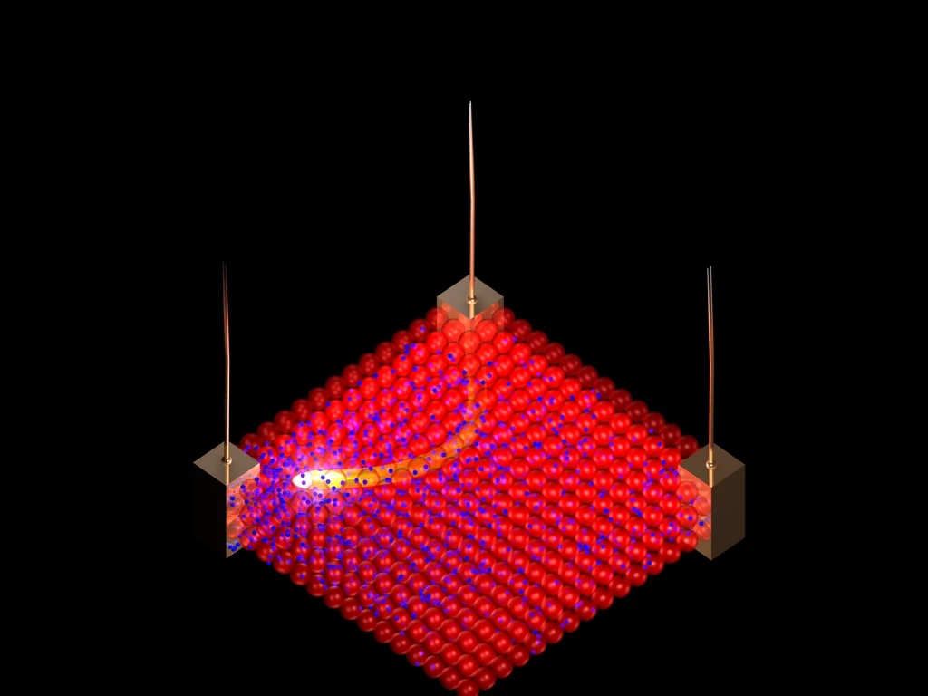 By applying electrical pulses to the new nanomaterial, a sea of small negatively charged ions (blue) can be pushed and pulled between larger, positively charged nanoparticles (red) which are "jammed" in place (Image: Northwestern University)