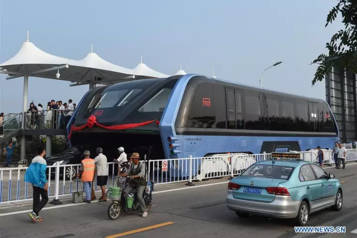 The Elevated Transit Bus on the street in Qinhuangdao, China