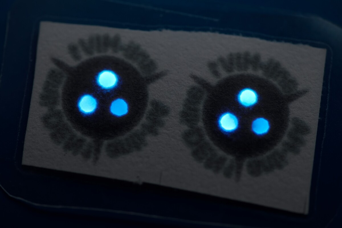 This paper strip contains two copies of the kit – the three glowing dots per test indicate that you can check on three different antibodies at once