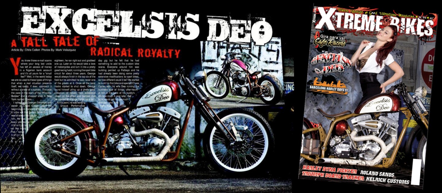 Named after the famous Vivaldi piece, Gloria in Excelsis Deo, this bike began life as the personal motorcycle of the "Punk Princess," Gloria, Princess of Thurn and Taxis. That's the spread Xtreme Bikes did on the bike above, and no, we are not making this up (you couldn't). That's a serious S&S motor in there. At $11,500, it is a steal!