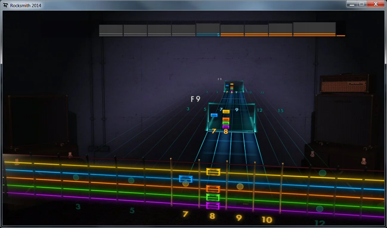 The song is presented as a rolling fretboard (or note highway) that constantly moves towards you